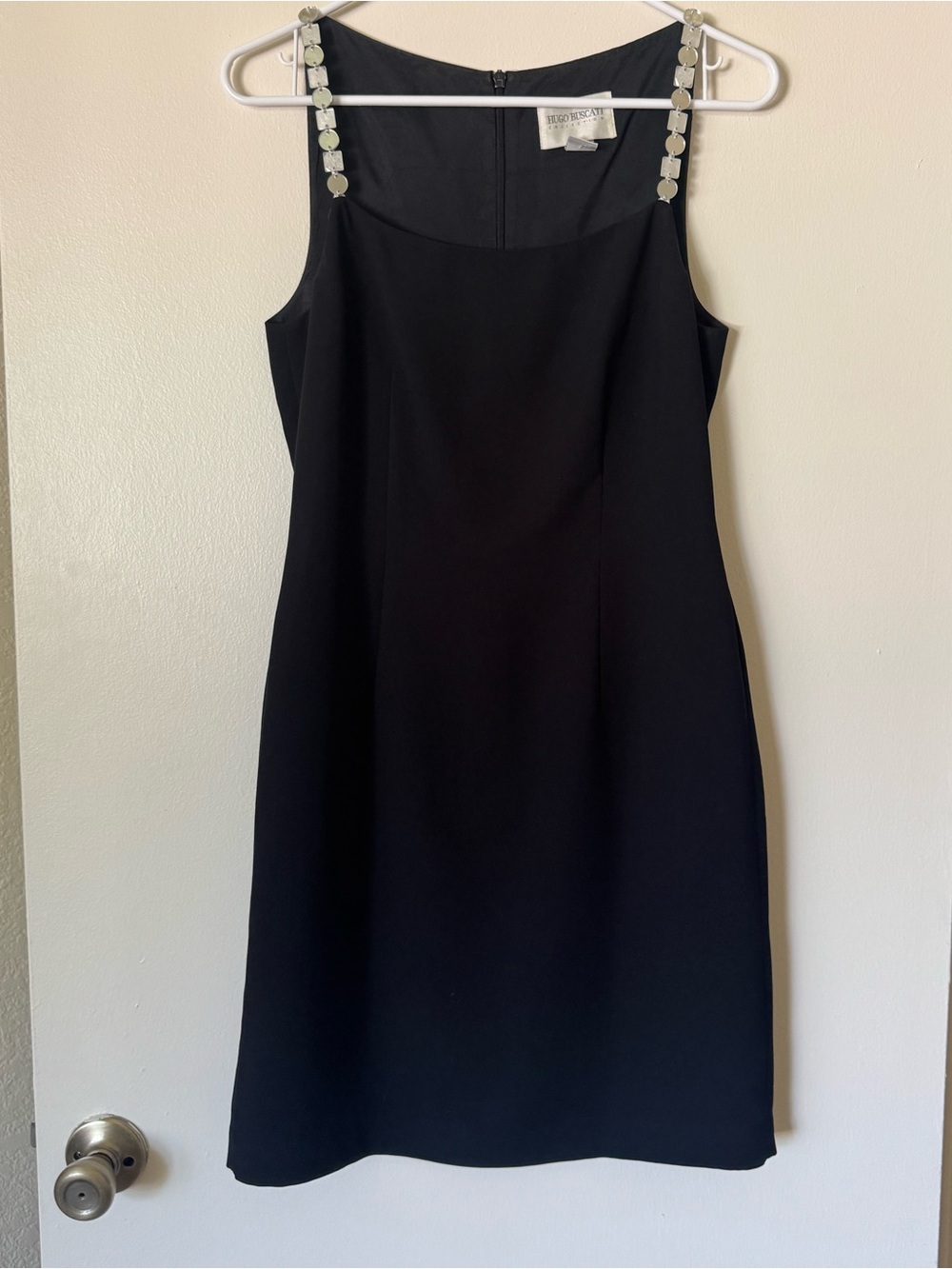 Hugo Buscati Black Mini Dress with Decorative Strap Accents
